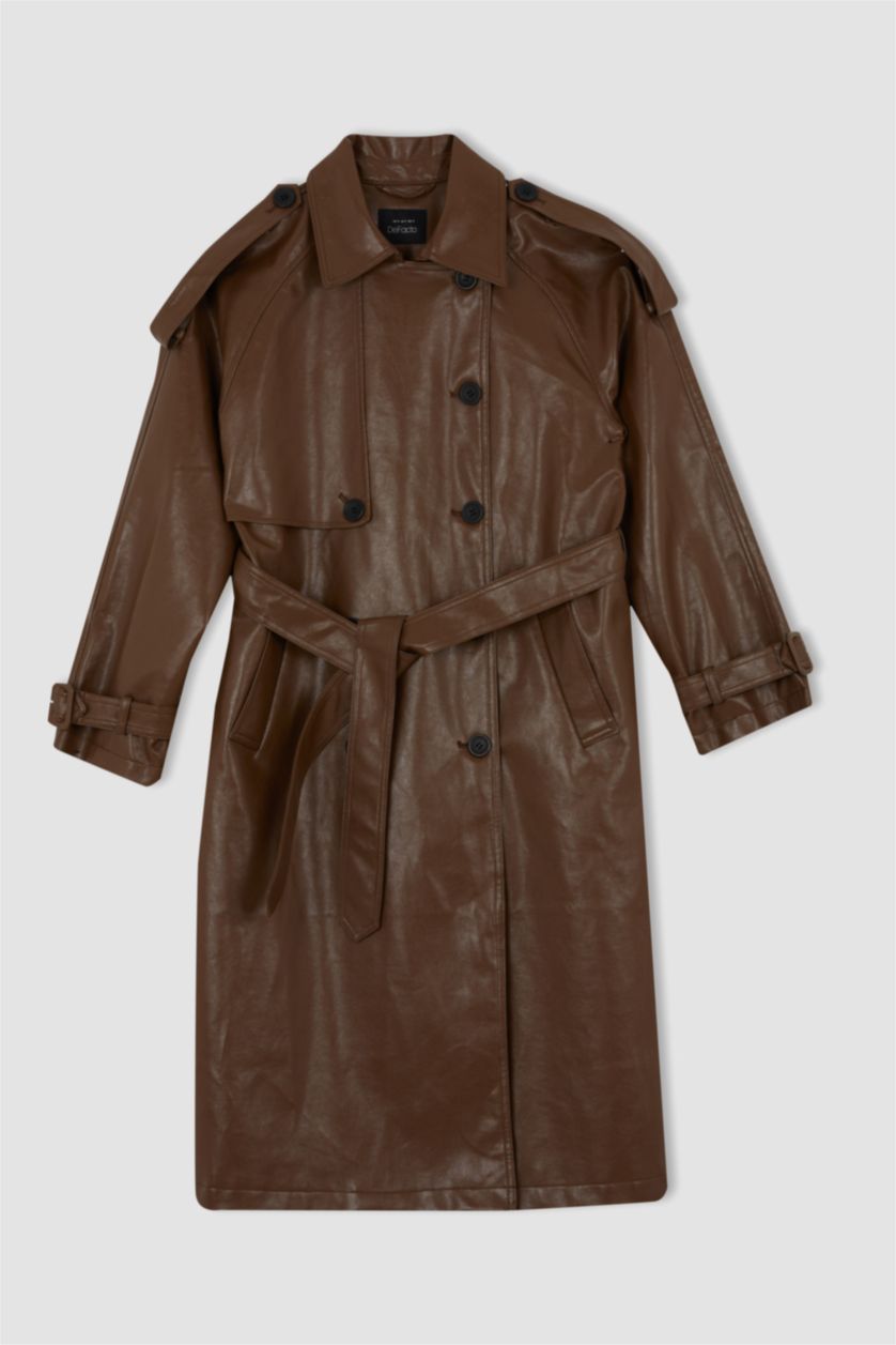 Woman Brown Water Repellent Faux Leather Belted Trench Coat