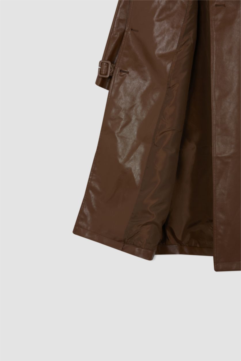 Woman Brown Water Repellent Faux Leather Belted Trench Coat