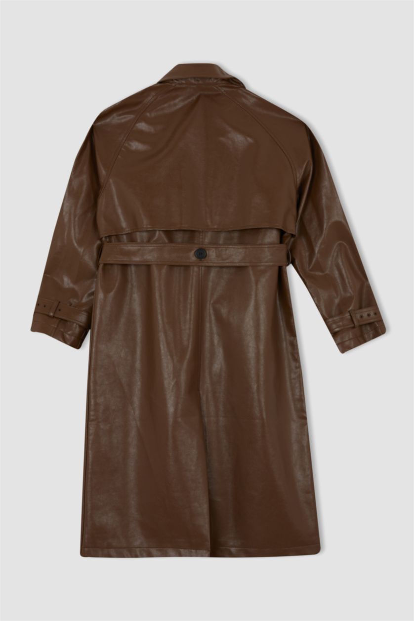Woman Brown Water Repellent Faux Leather Belted Trench Coat
