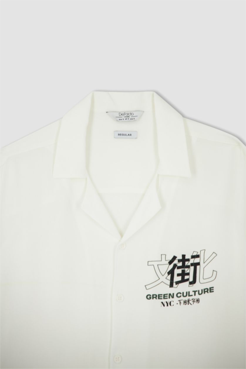 رجال بيج فاتح قميص بأكمام قصيرة فيسكوز بقصة عادية ياقة جاكيت