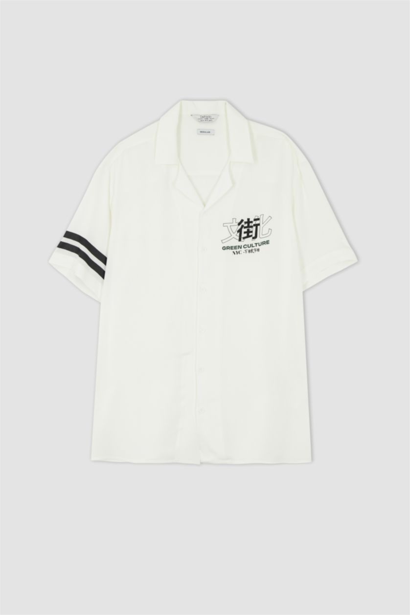 رجال بيج فاتح قميص بأكمام قصيرة فيسكوز بقصة عادية ياقة جاكيت