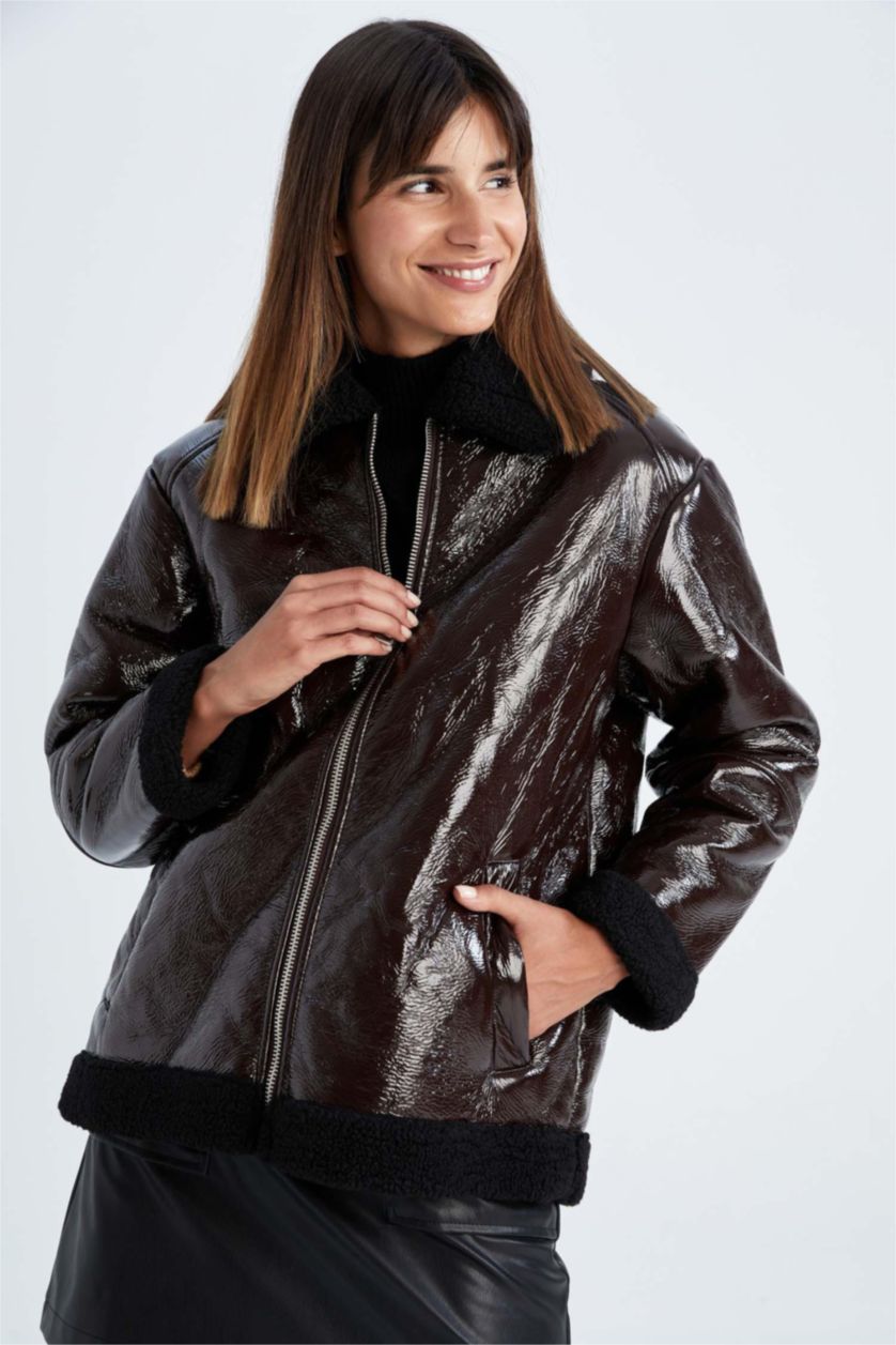 Kadın Kahve Oversize Geniş Kesim Suni Kürk Astarlı Suni Deri Mont