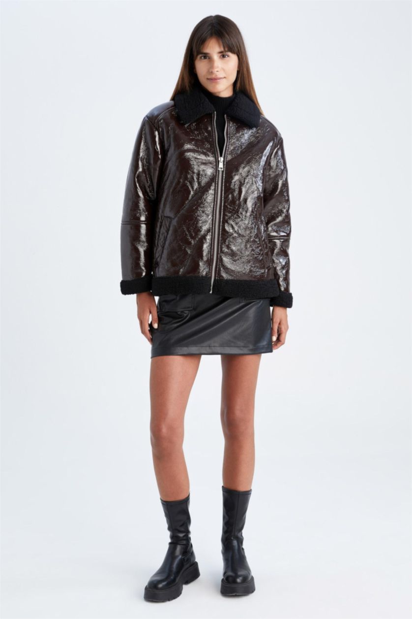 Kadın Kahve Oversize Geniş Kesim Suni Kürk Astarlı Suni Deri Mont