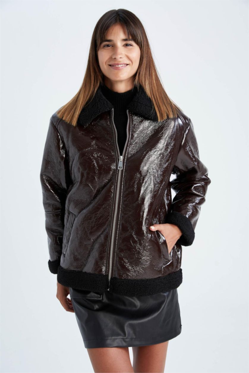 Kadın Kahve Oversize Geniş Kesim Suni Kürk Astarlı Suni Deri Mont