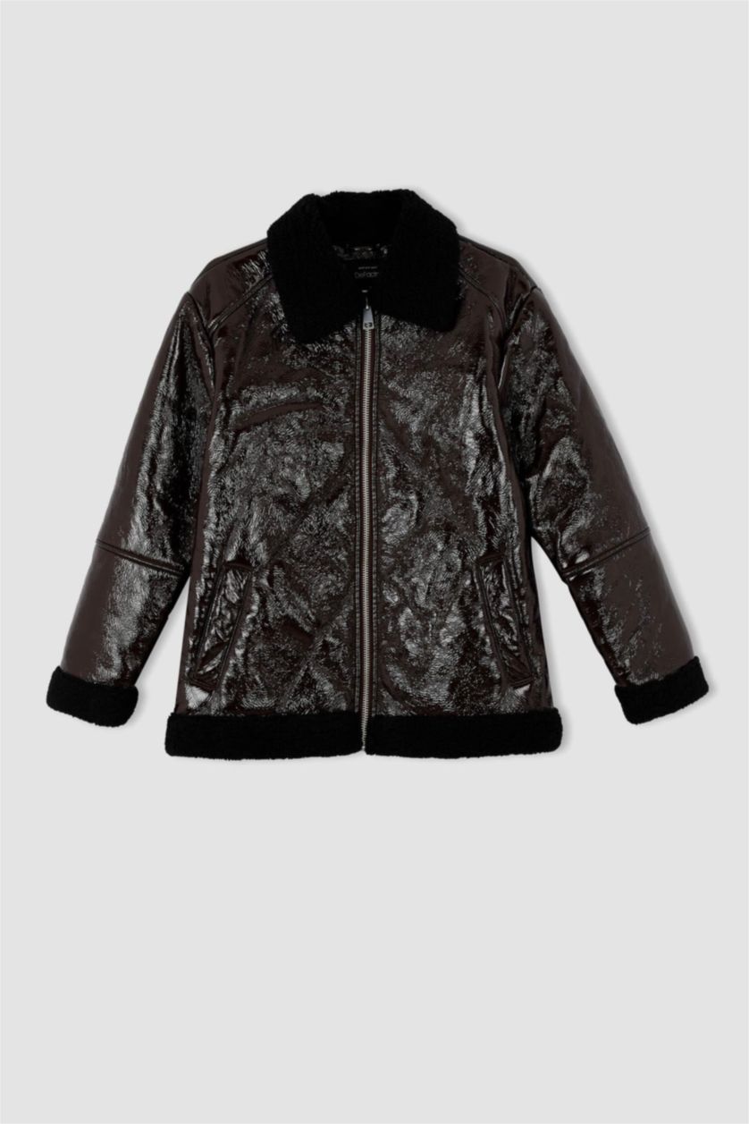 Kadın Kahve Oversize Geniş Kesim Suni Kürk Astarlı Suni Deri Mont