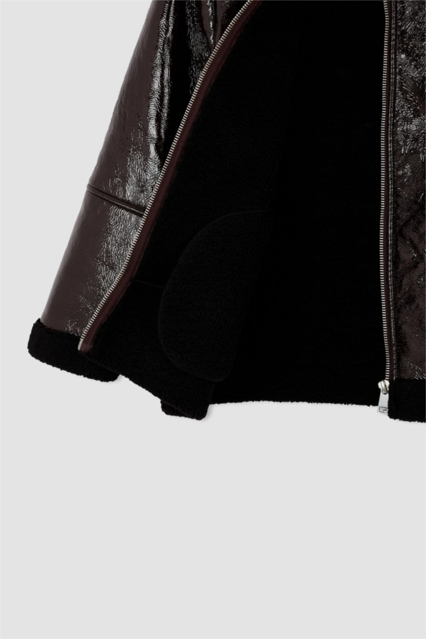 Kadın Kahve Oversize Geniş Kesim Suni Kürk Astarlı Suni Deri Mont