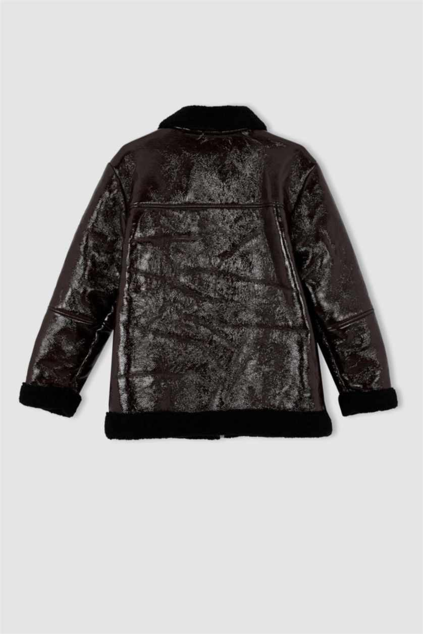 Kadın Kahve Oversize Geniş Kesim Suni Kürk Astarlı Suni Deri Mont