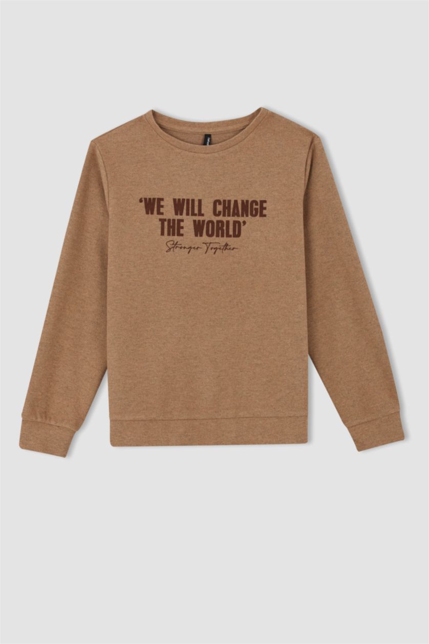 FEMME Beige Sweat- Shirt Coupe Régulière Col rond Slogan Manche Longue