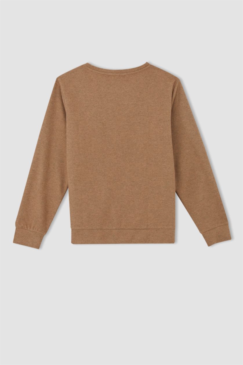 FEMME Beige Sweat- Shirt Coupe Régulière Col rond Slogan Manche Longue