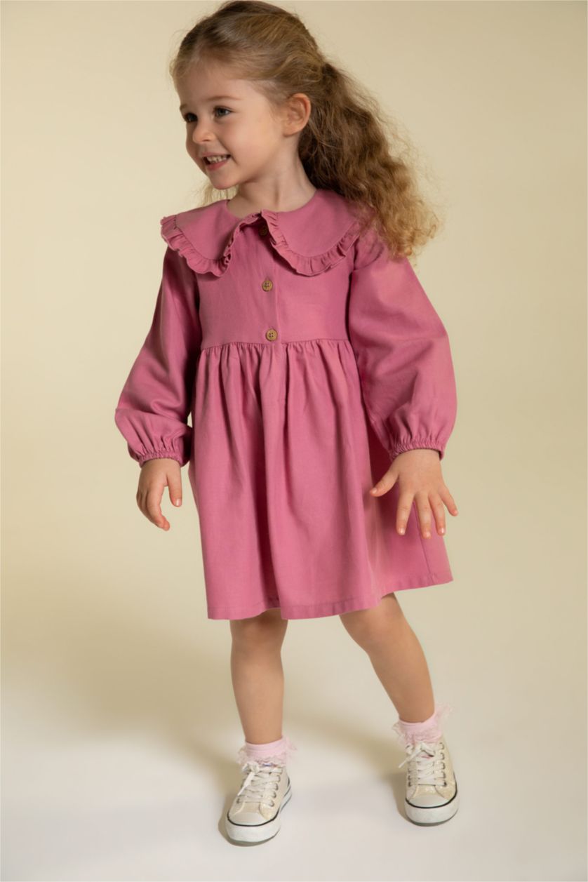 طفلة صغيرة وردي فستان بناتي من التويل قصة عادية كم طويل بياقة كبيرة