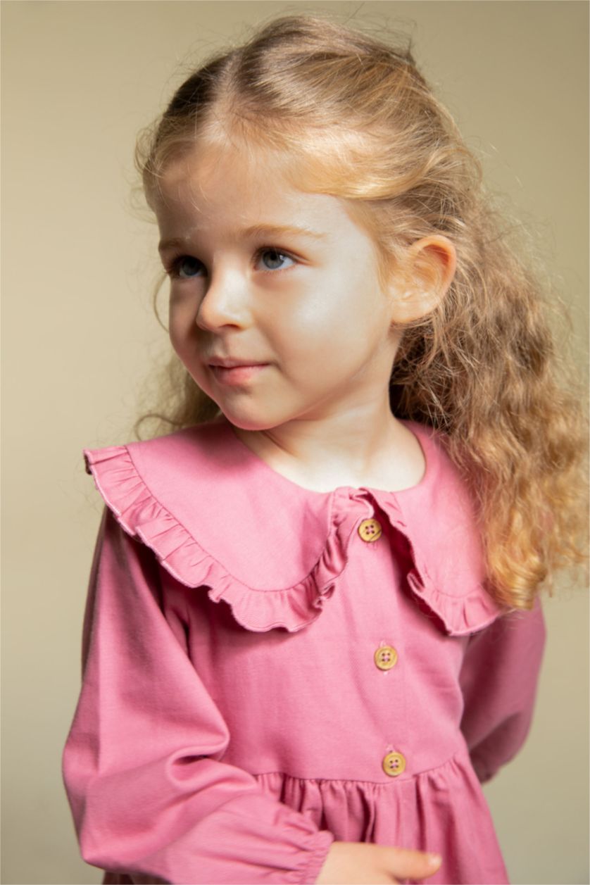 طفلة صغيرة وردي فستان بناتي من التويل قصة عادية كم طويل بياقة كبيرة