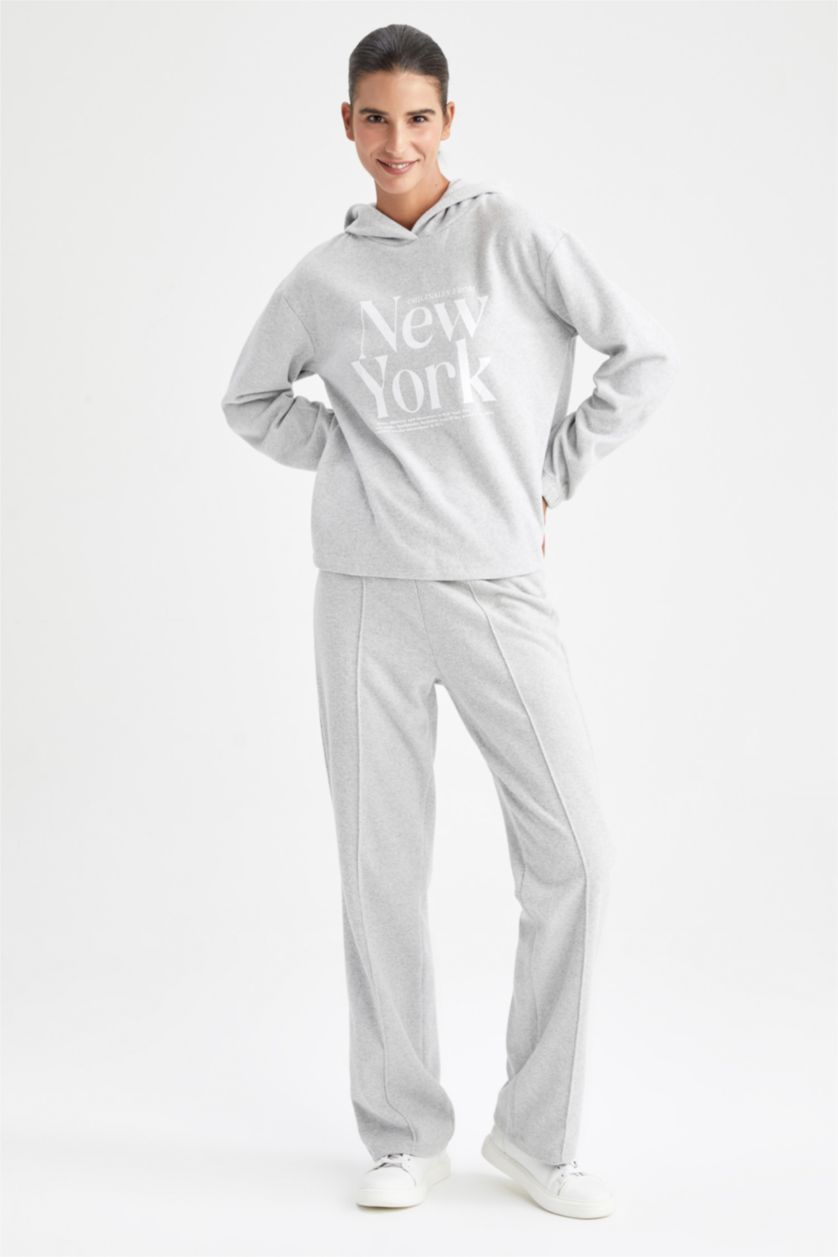 FEMME Gris Sweat- Shirt Coupe Régulière À capuche Slogan Manche Longue