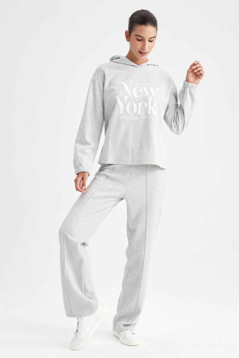 FEMME Gris Sweat- Shirt Coupe Régulière À capuche Slogan Manche Longue