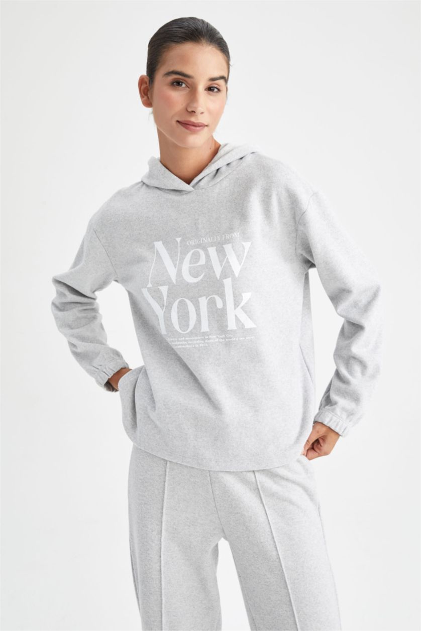 FEMME Gris Sweat- Shirt Coupe Régulière À capuche Slogan Manche Longue