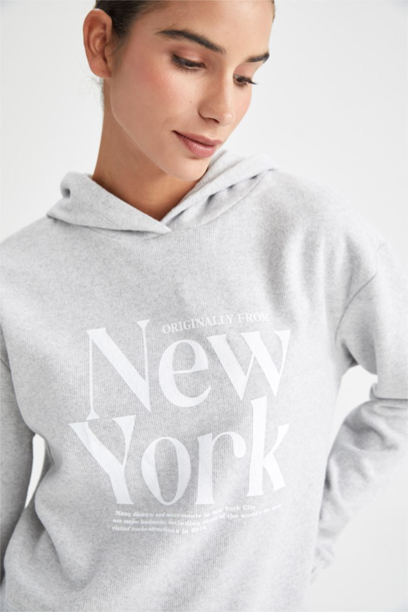 FEMME Gris Sweat- Shirt Coupe Régulière À capuche Slogan Manche Longue