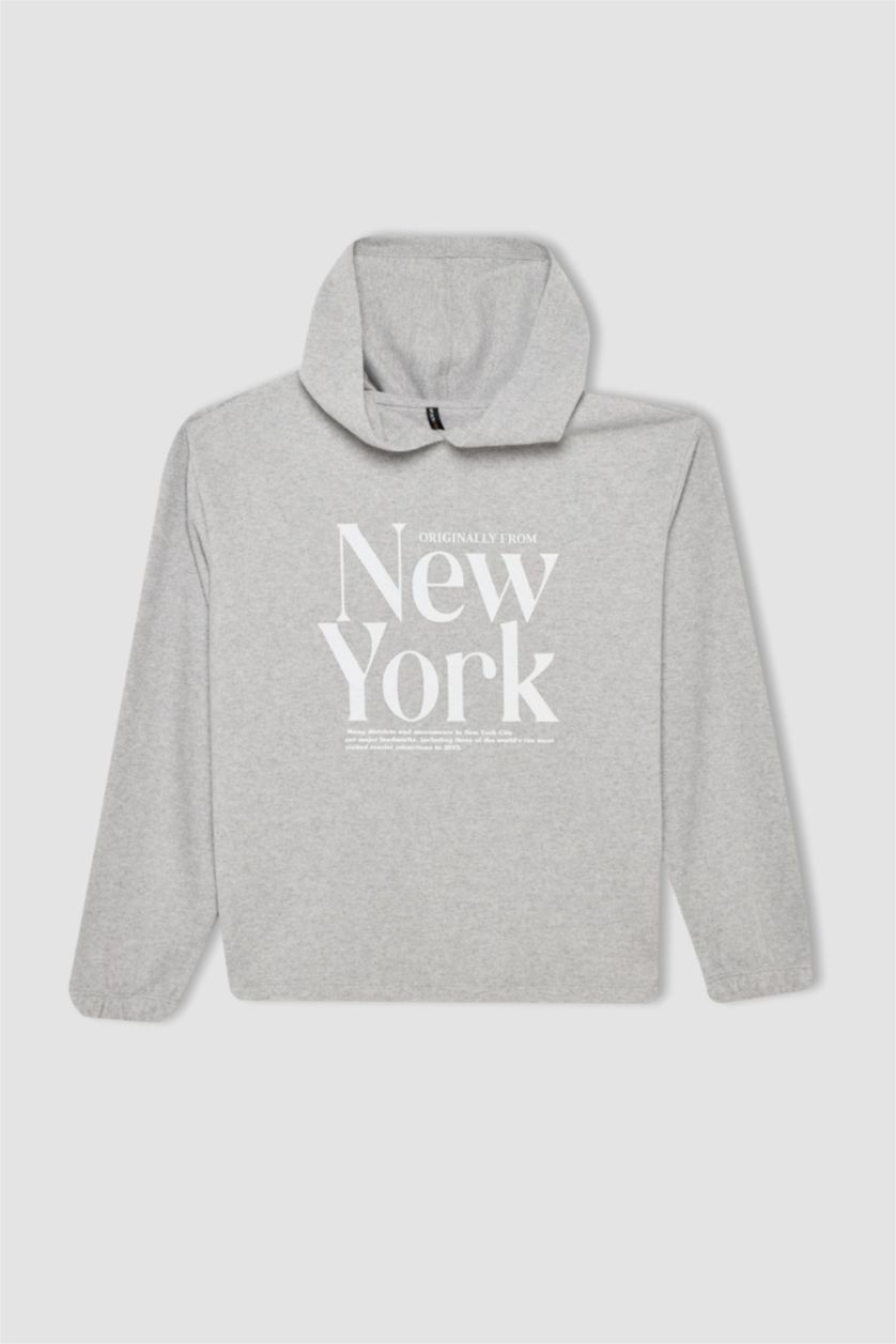 FEMME Gris Sweat- Shirt Coupe Régulière À capuche Slogan Manche Longue