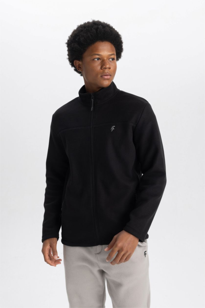 MAN Black DeFactoFit Standard Fit Zippered Fleece Cardigan