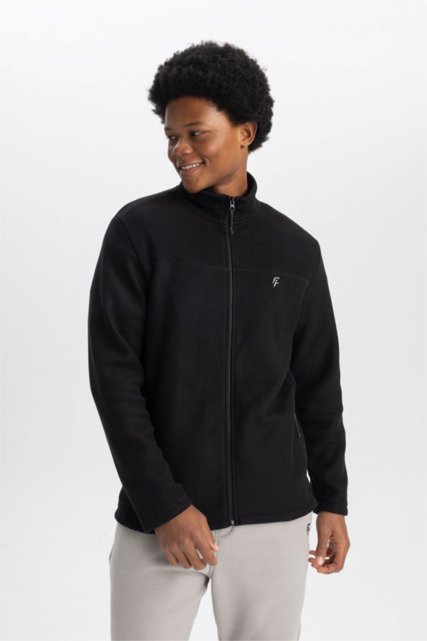 MAN Black DeFactoFit Standard Fit Zippered Fleece Cardigan