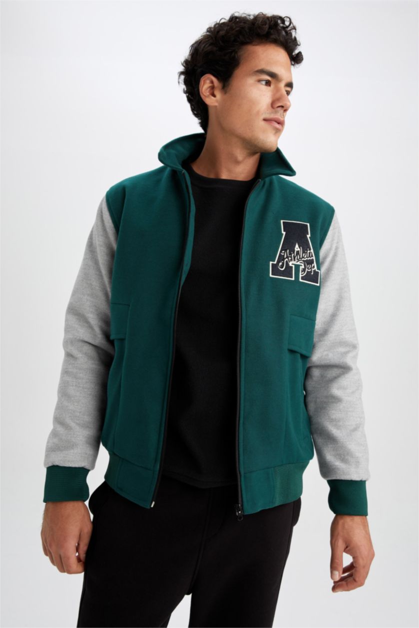 Erkek Yeşil Oversize Fit Gömlek Yaka Kaşe Bomber Mont