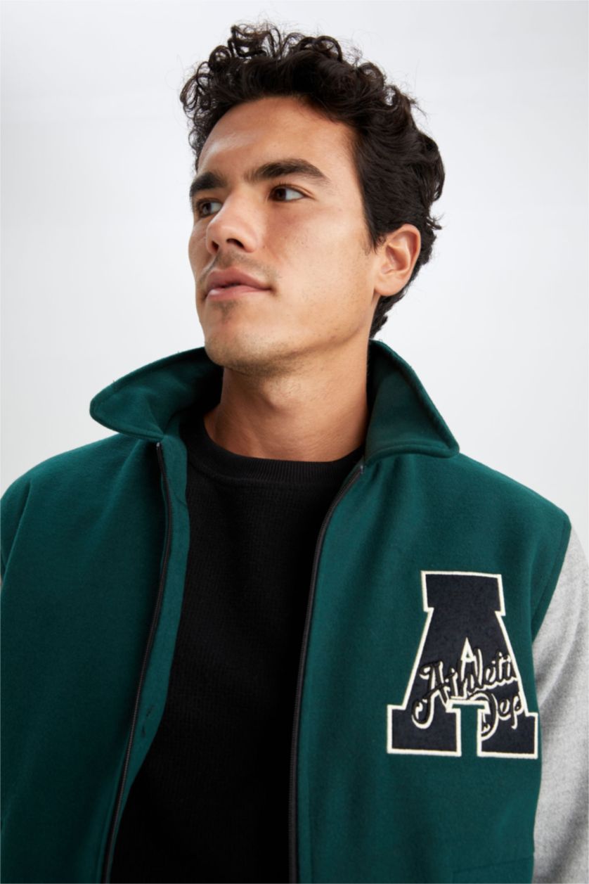 Erkek Yeşil Oversize Fit Gömlek Yaka Kaşe Bomber Mont