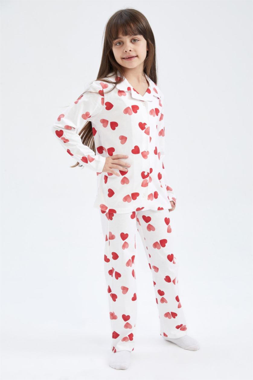 Kız Çocuk - Genç Kız Ekru Kız Çocuk Kalp Desenli Penye Pijama Takım