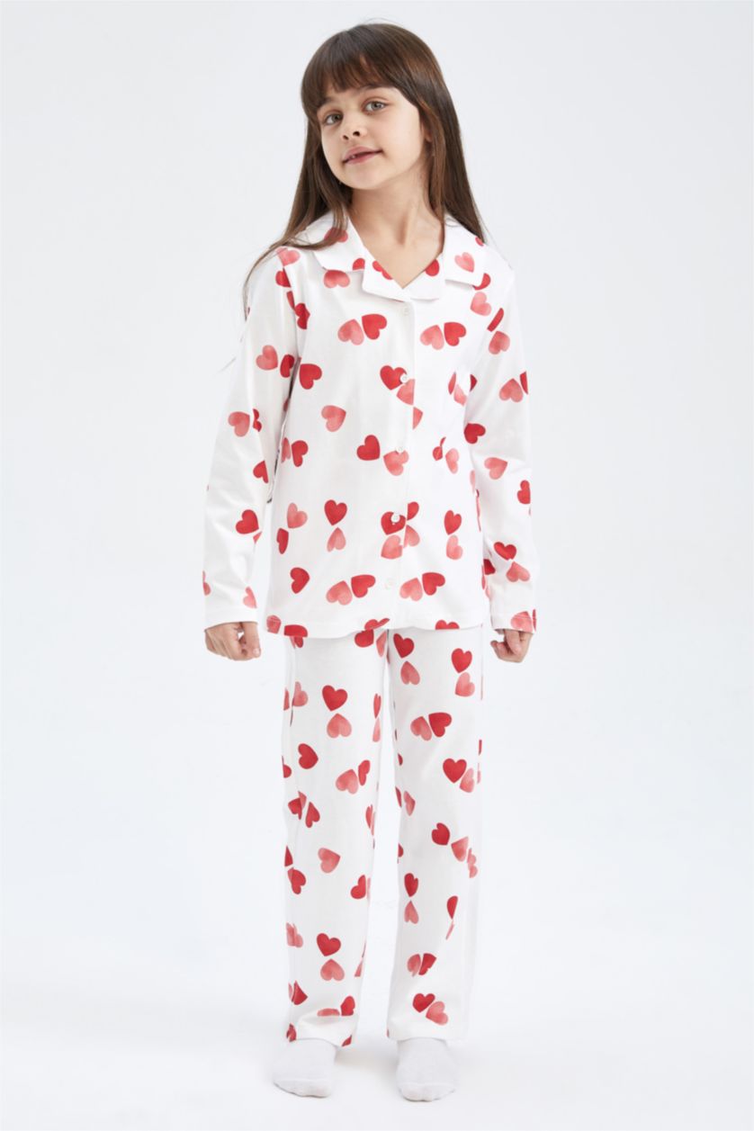 Kız Çocuk - Genç Kız Ekru Kız Çocuk Kalp Desenli Penye Pijama Takım