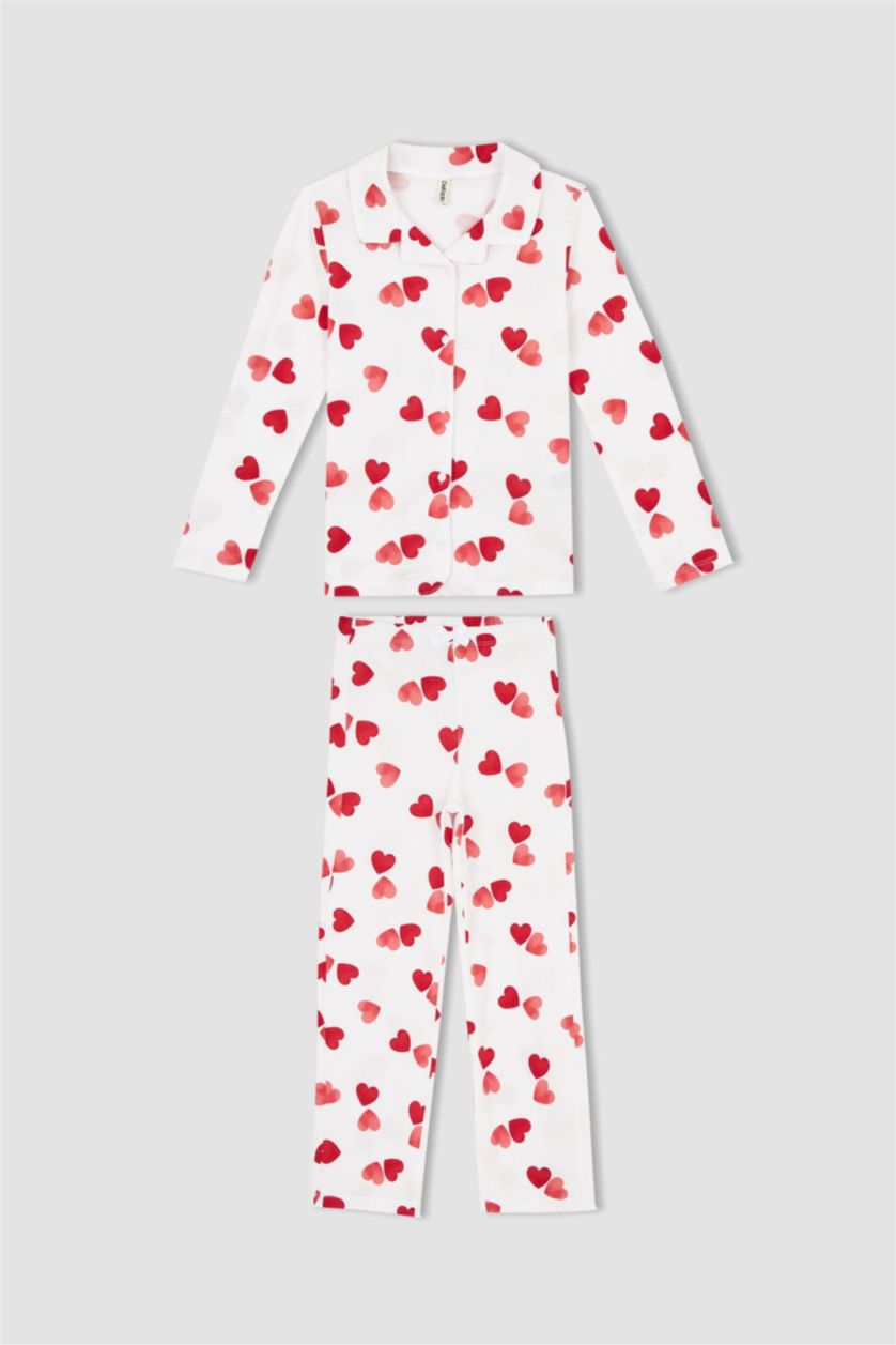 Kız Çocuk - Genç Kız Ekru Kız Çocuk Kalp Desenli Penye Pijama Takım