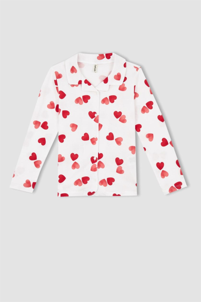 Kız Çocuk - Genç Kız Ekru Kız Çocuk Kalp Desenli Penye Pijama Takım