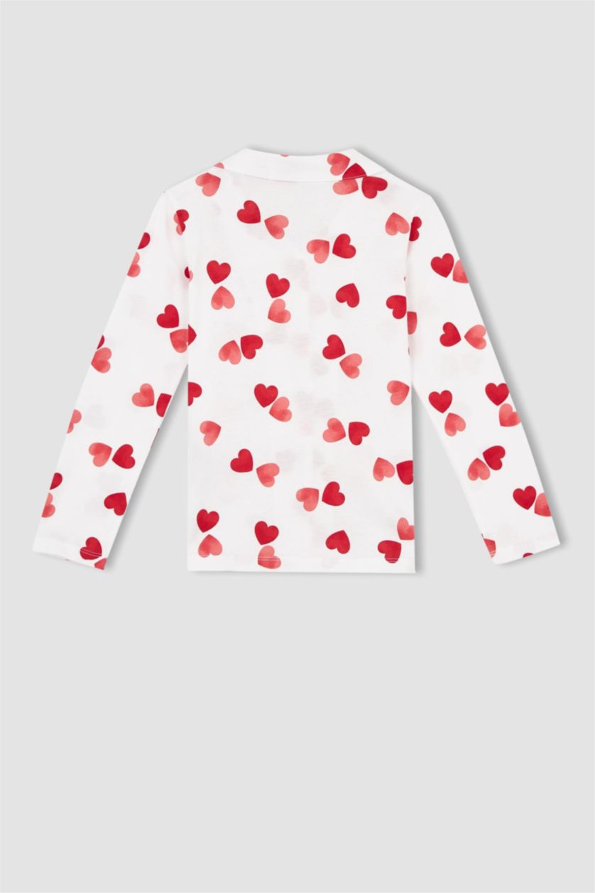 Kız Çocuk - Genç Kız Ekru Kız Çocuk Kalp Desenli Penye Pijama Takım