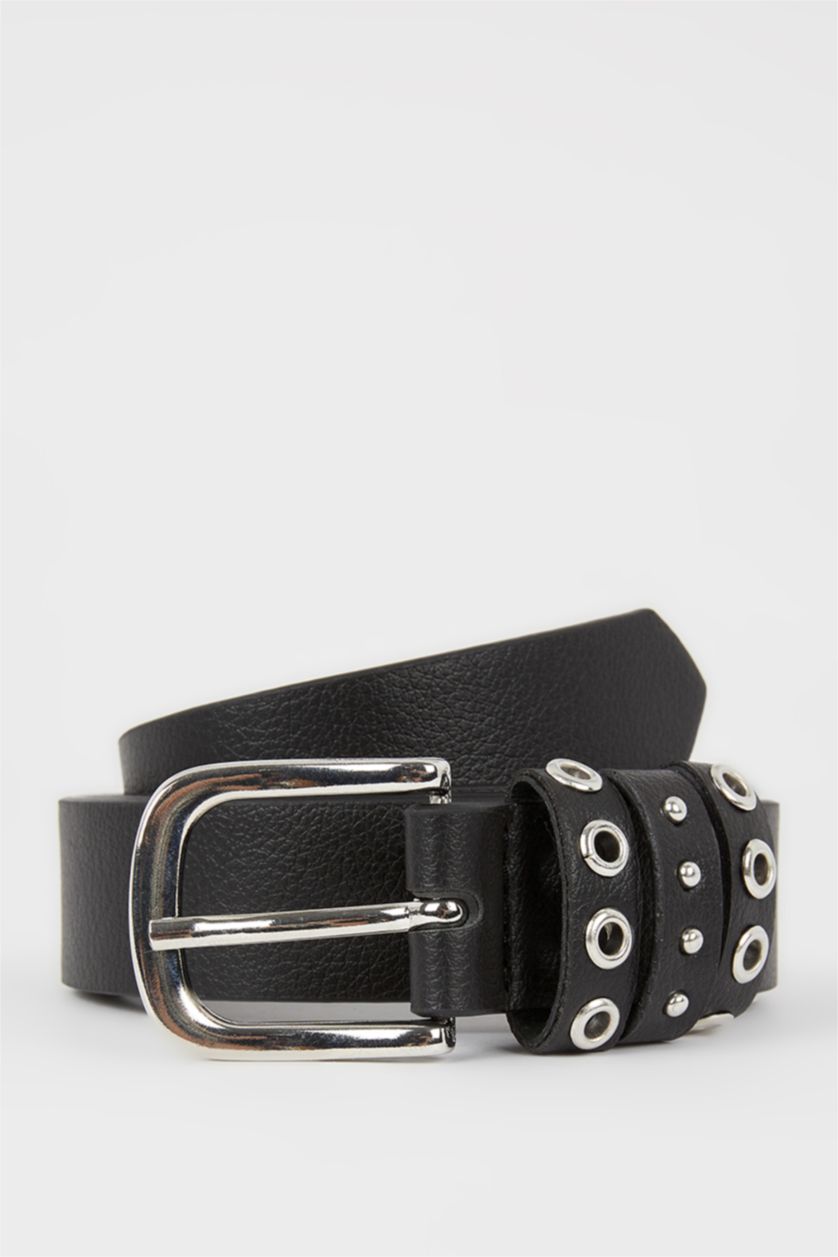 Women Black Woman Rectangle Clasp Faux Leather Jean Belt