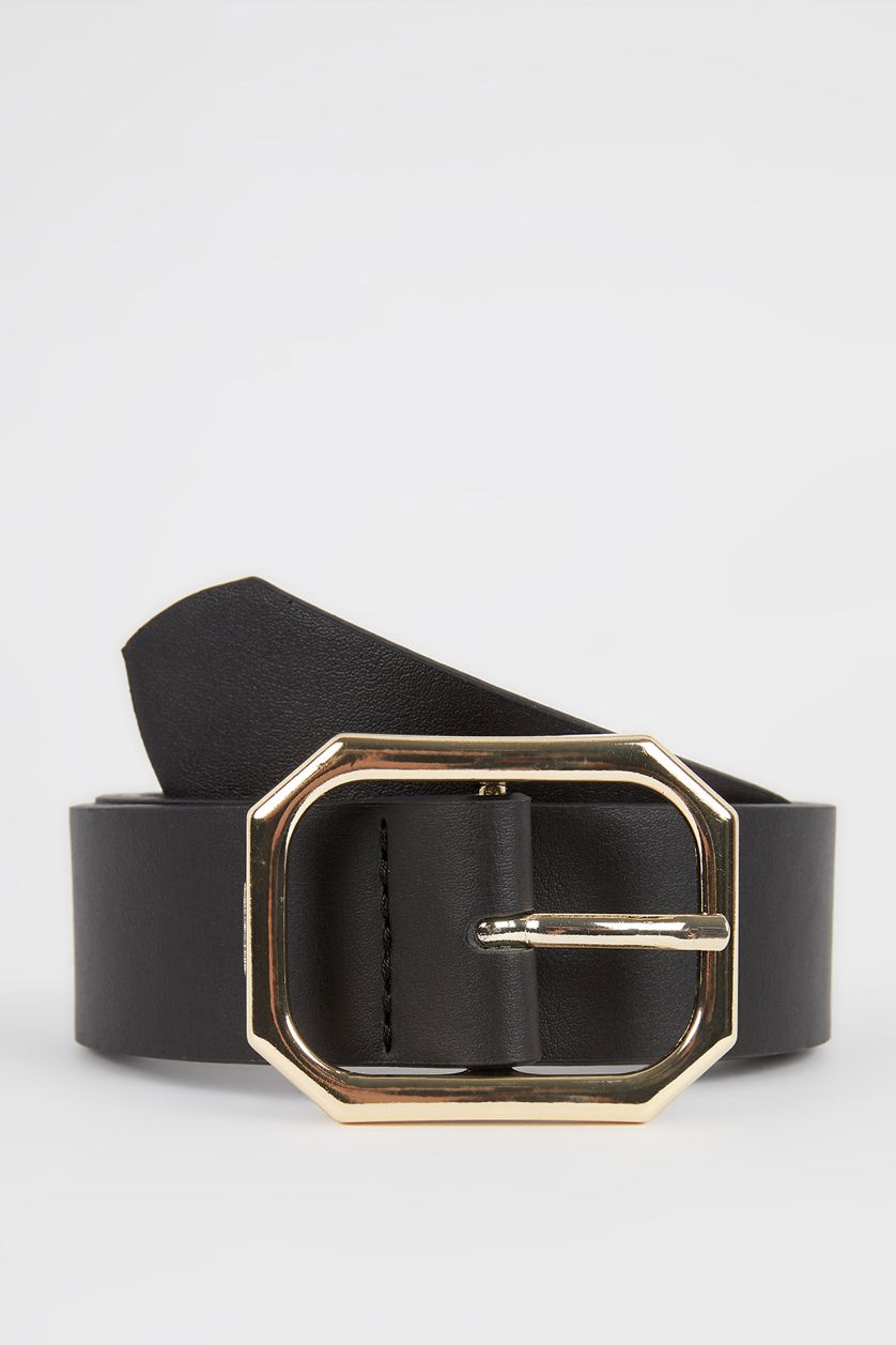 Woman Black Woman Rectangle Clasp Faux Leather Denim Belt