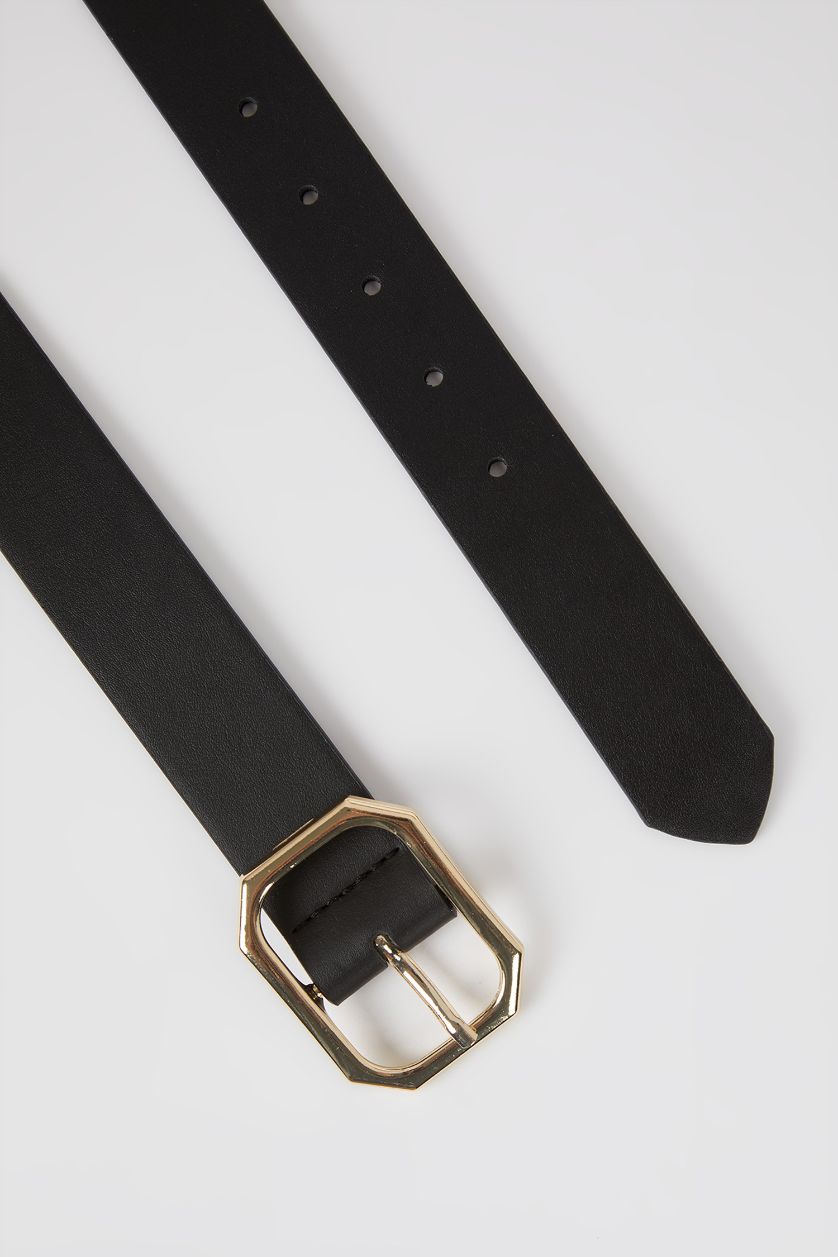 Woman Black Woman Rectangle Clasp Faux Leather Denim Belt