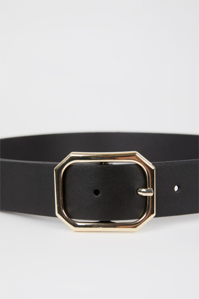 Woman Black Woman Rectangle Clasp Faux Leather Denim Belt