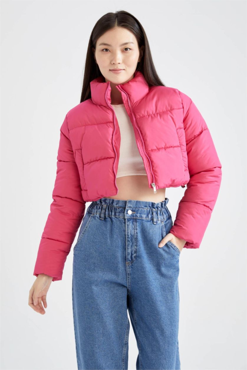 Kadın Pembe Su İtici Crop Şişme Mont