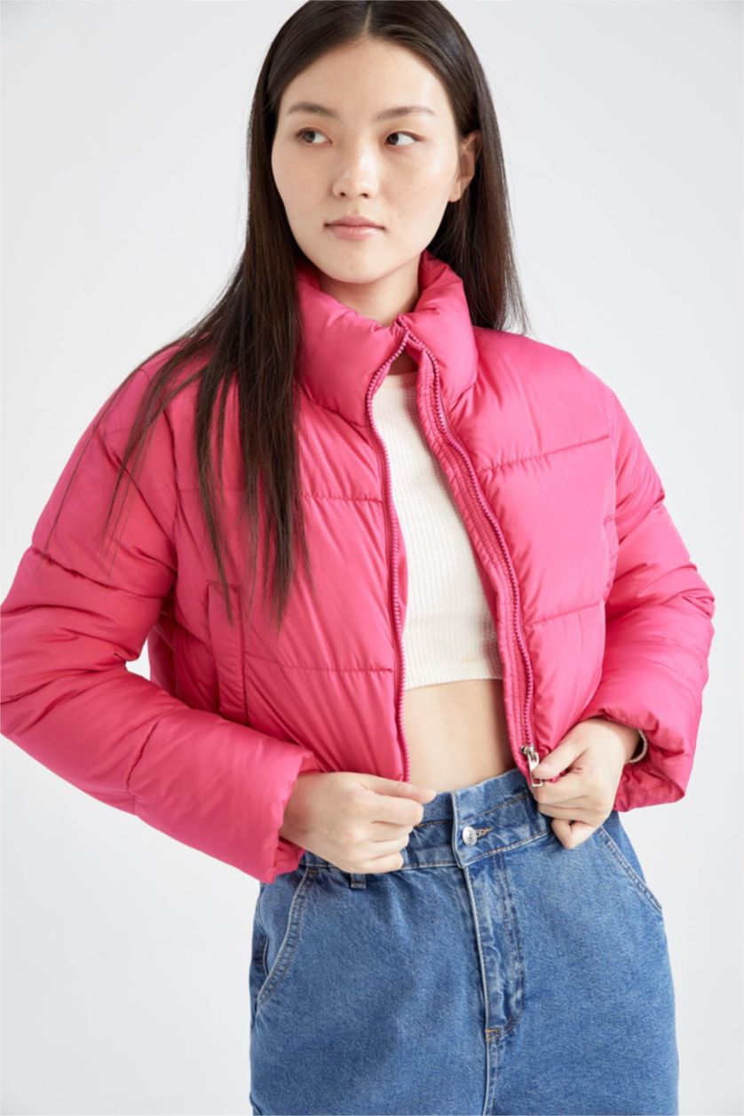 Kadın Pembe Su İtici Crop Şişme Mont