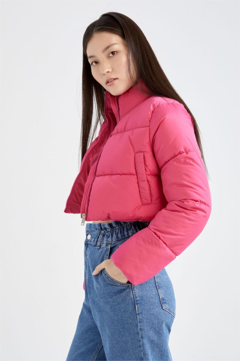 Kadın Pembe Su İtici Crop Şişme Mont