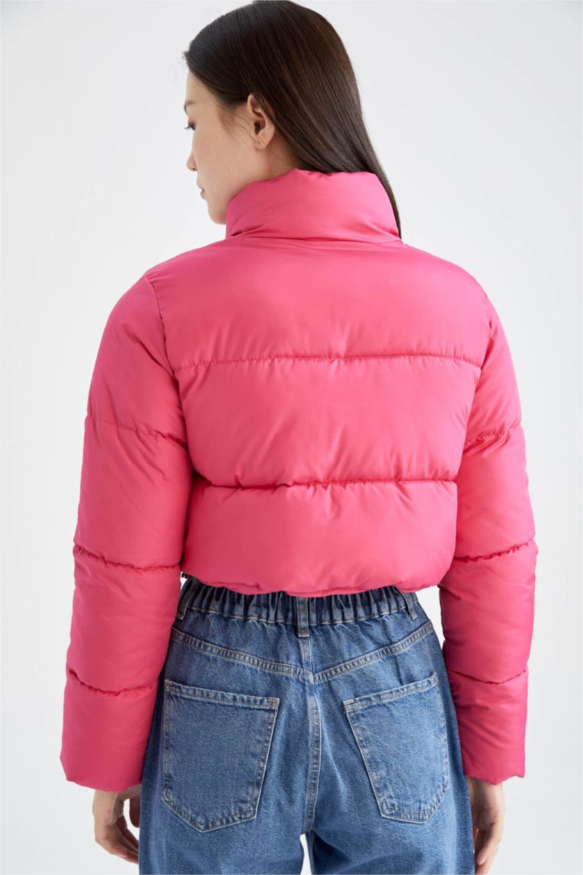 Kadın Pembe Su İtici Crop Şişme Mont