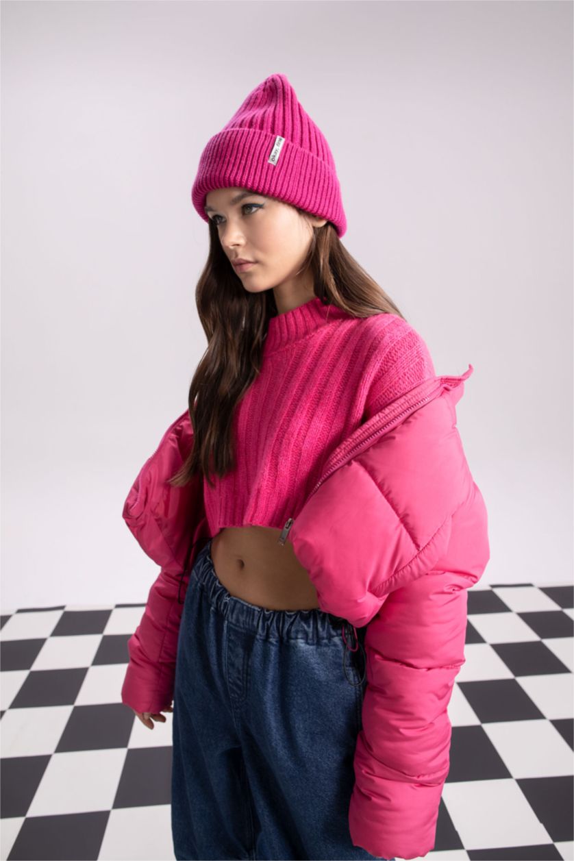 Kadın Pembe Su İtici Crop Şişme Mont