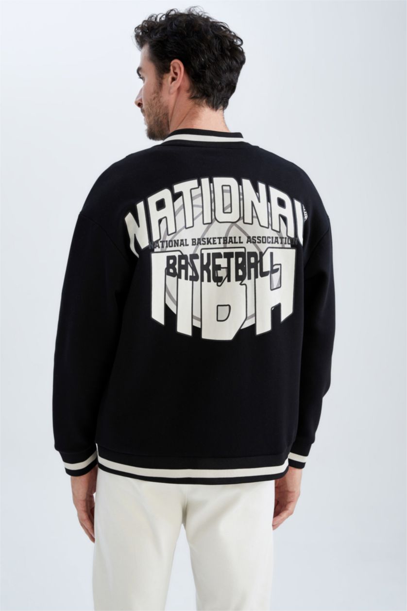 MAN Black College Collar Thick Sweatshirt Fabric Soft Hairy Inside NBA Licensed Cardigan