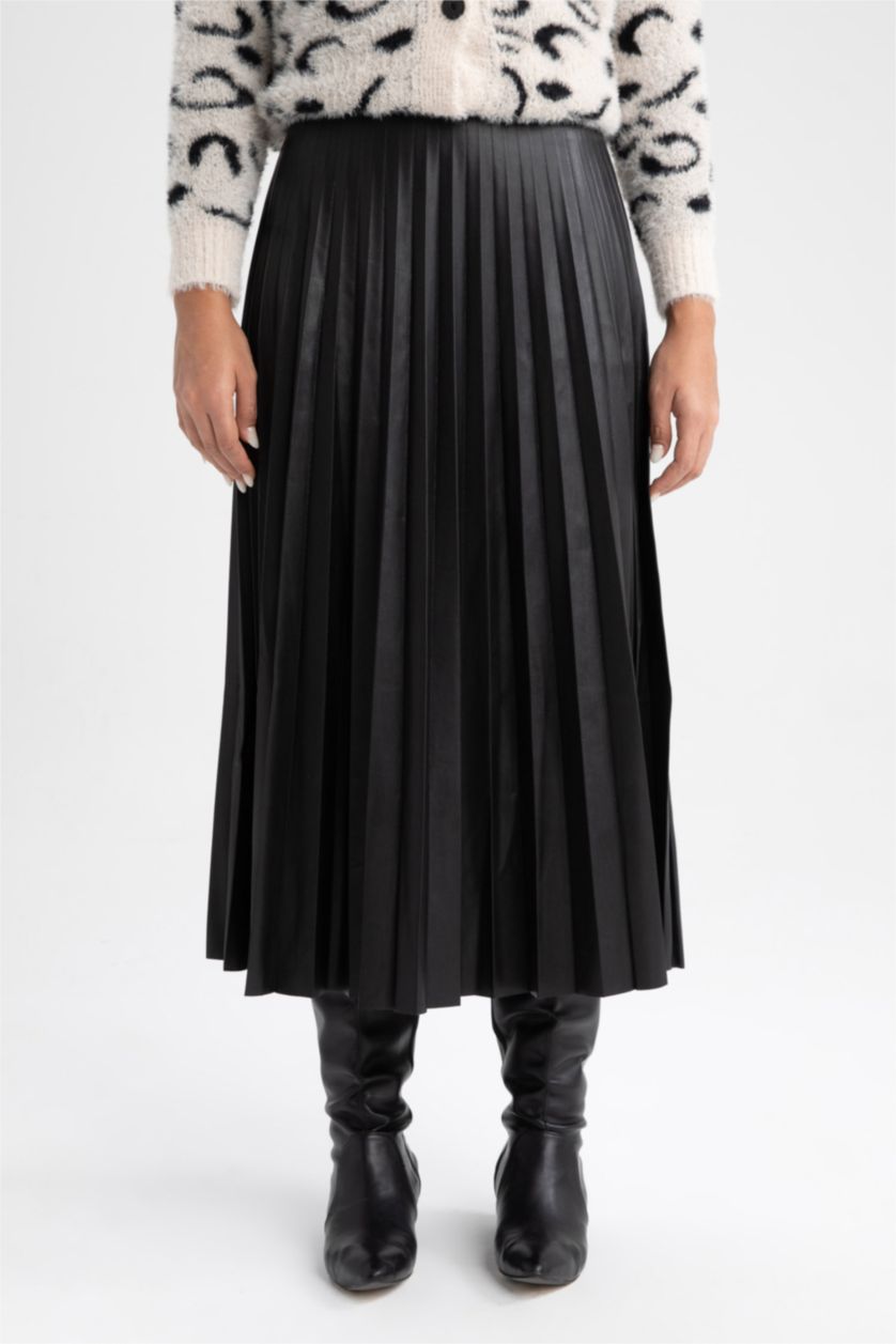 WOMAN Black Pleat Faux Leather Maxi Skirt