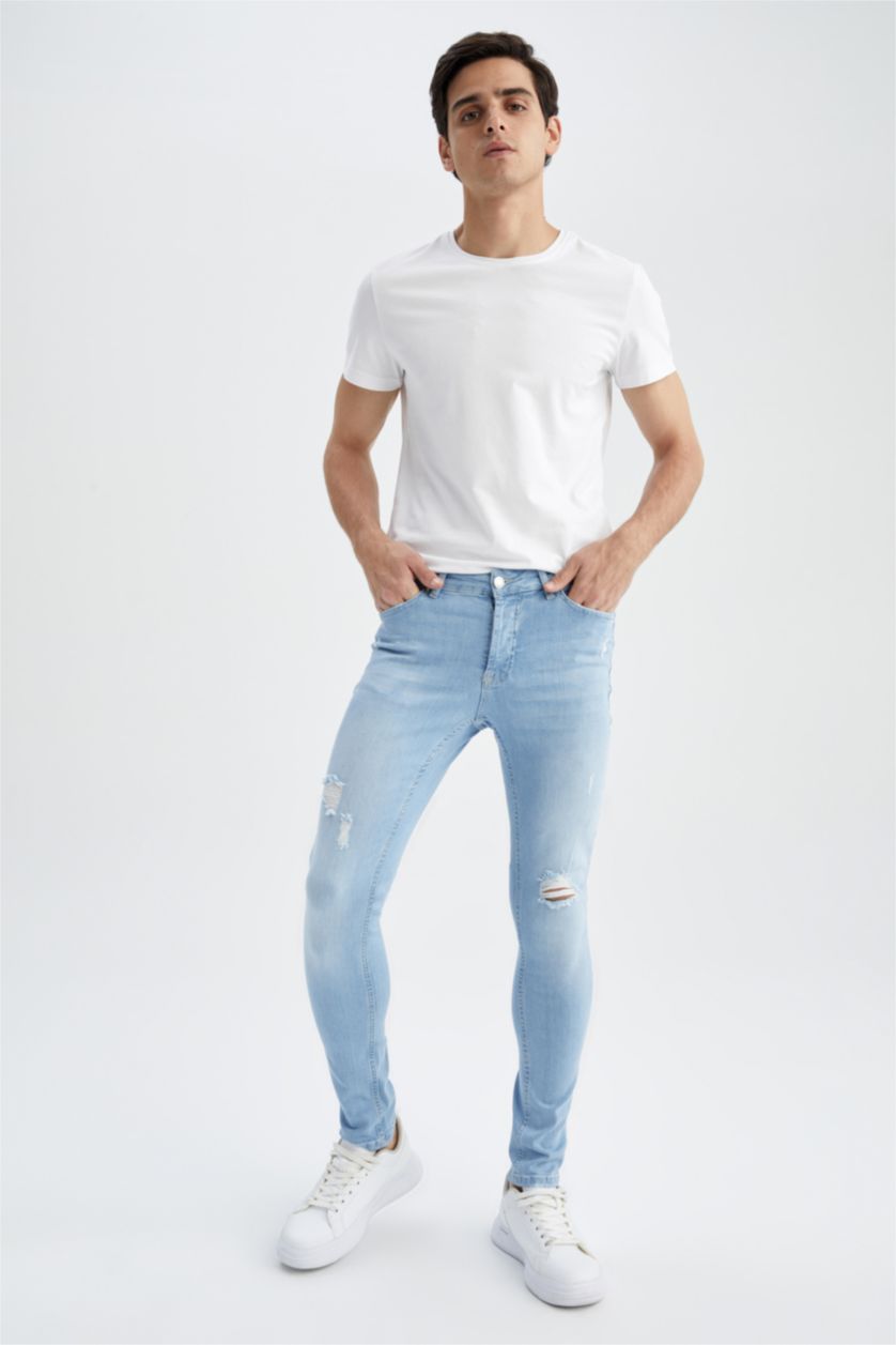 HOMME BLEU Clair Pantalon En Jean Déchiré Coupe Super Skinny