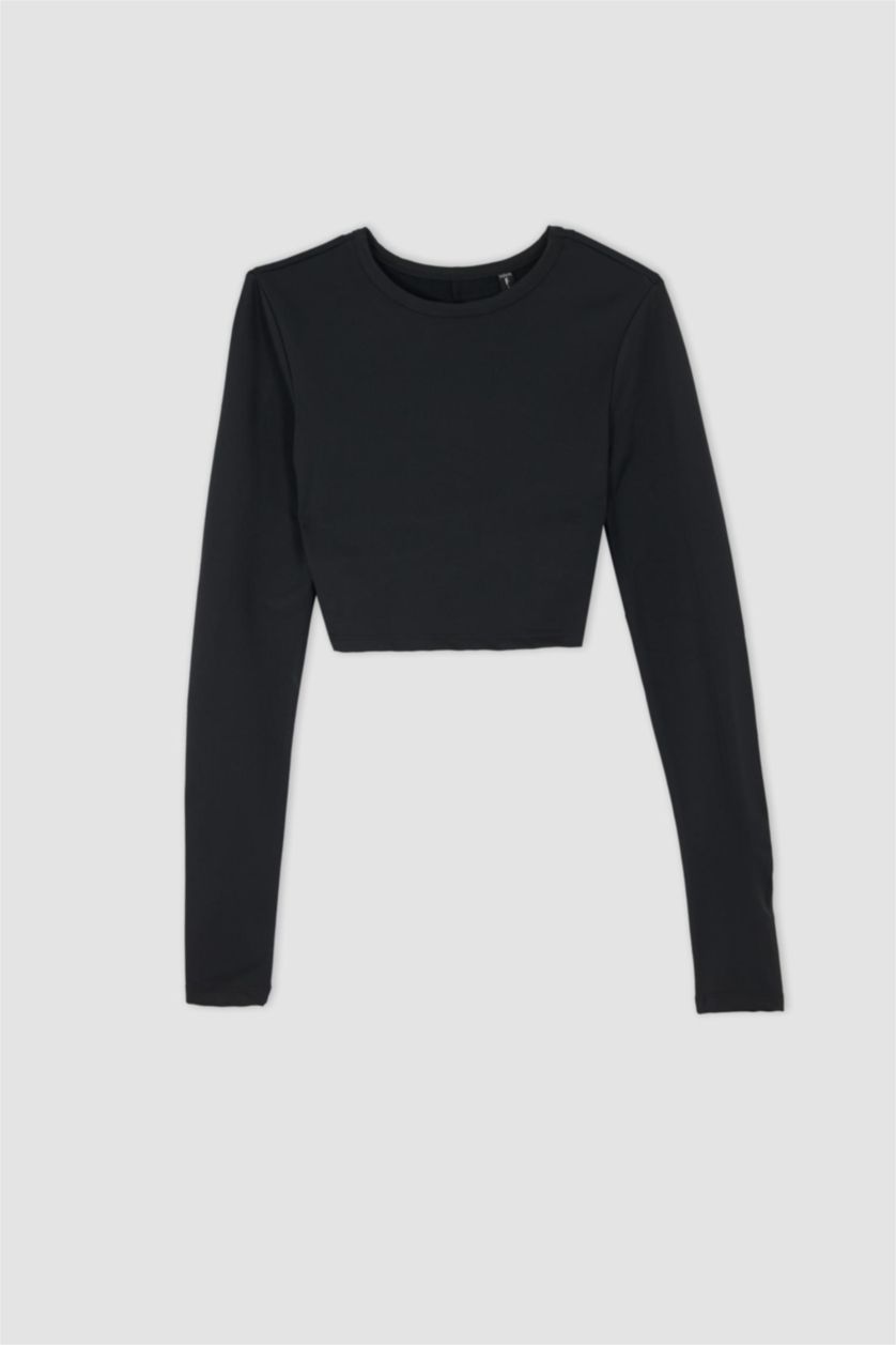WOMAN Black Defacto Fit Slim Fit Crew Neck Low Cut Back Soft Feather Long Sleeve Crop Top T-Shirt