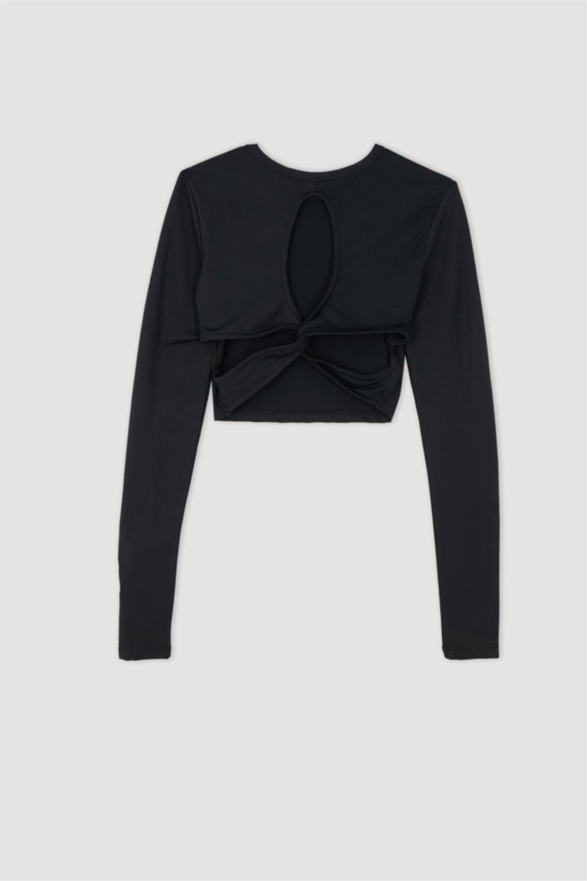 WOMAN Black Defacto Fit Slim Fit Crew Neck Low Cut Back Soft Feather Long Sleeve Crop Top T-Shirt