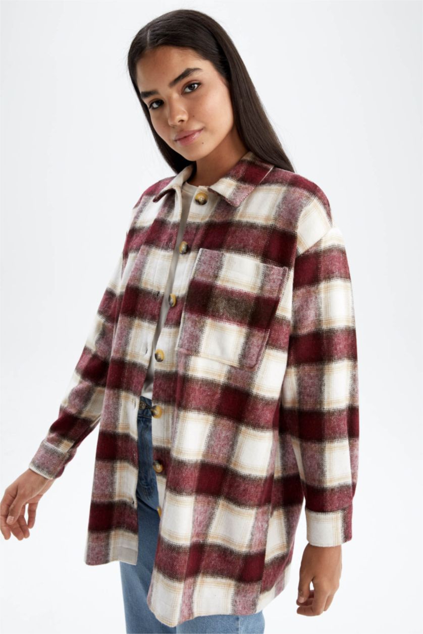WOMAN Beige Relax Fit Flanel Plaid Long Sleeve Tunic