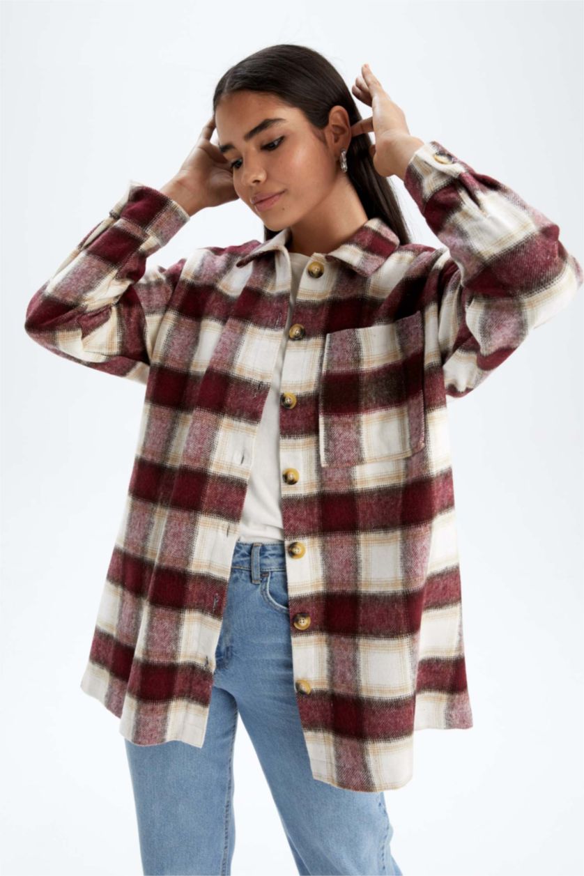 WOMAN Beige Relax Fit Flanel Plaid Long Sleeve Tunic
