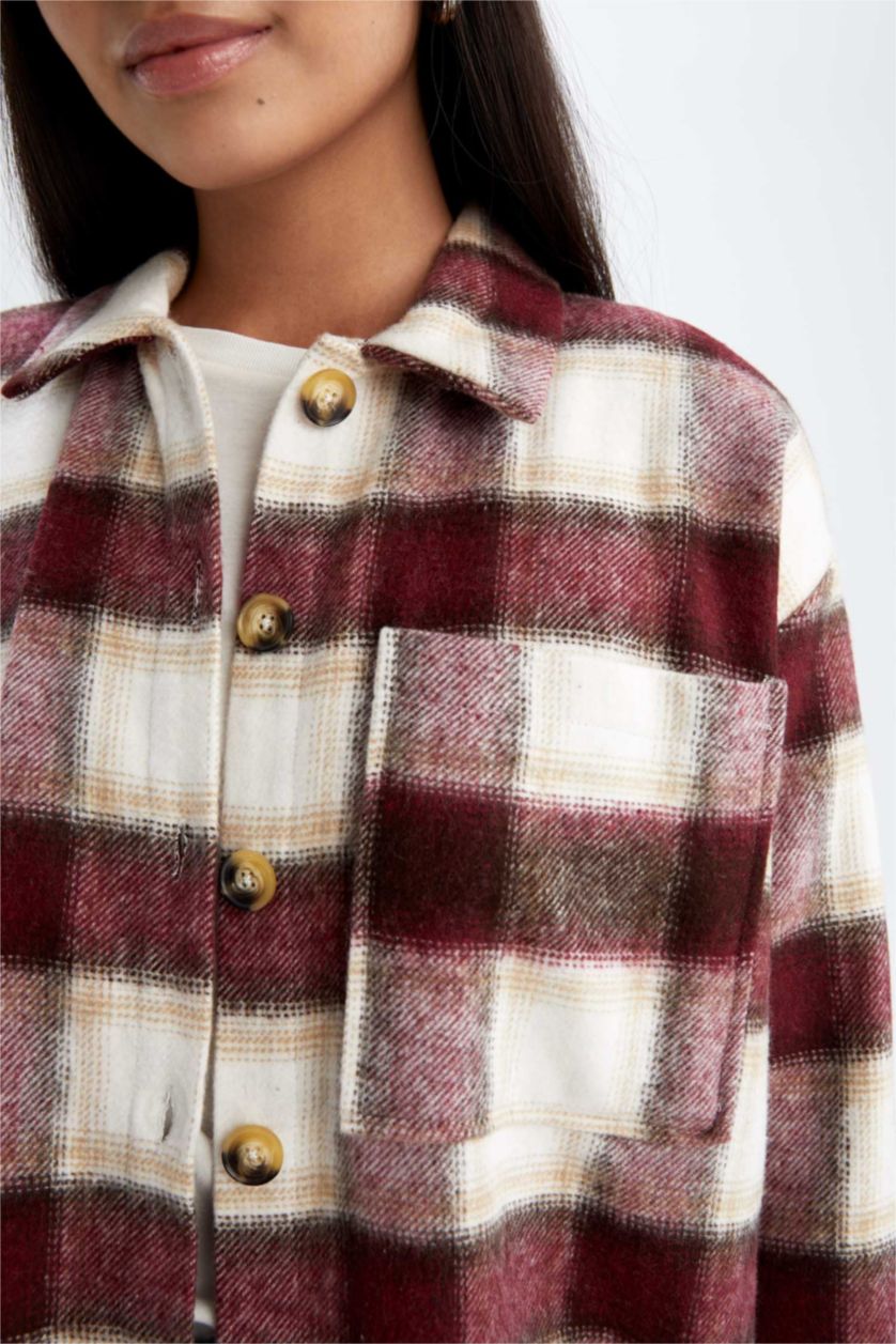 WOMAN Beige Relax Fit Flanel Plaid Long Sleeve Tunic