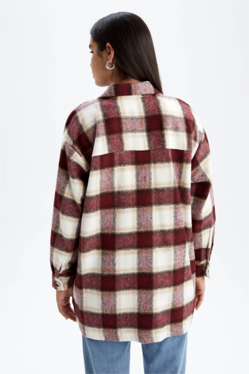 WOMAN Beige Relax Fit Flanel Plaid Long Sleeve Tunic