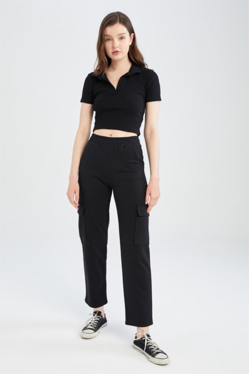 Kadın Siyah Coool Regular Fit Kargo Cepli Pantolon