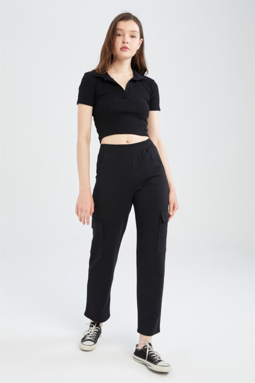 Kadın Siyah Coool Regular Fit Kargo Cepli Pantolon