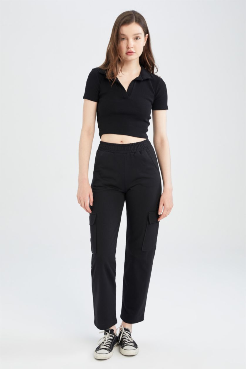 Kadın Siyah Coool Regular Fit Kargo Cepli Pantolon